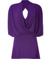 Bring inspired style to your cocktail-ready look with this stunning draped dress from Plein Sud - Blouson style top, crisscross V-neck with draped detail, short dolman sleeves, open back, ultra short fitted mini skirt - Style with a slim trench, platforms, and a statement clutch