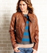 Don this faux-leather jacket from Jou Jou for the hottest way to stay warm this season. Features asymmetrical zip pockets and a chic stitch design at the shoulders.