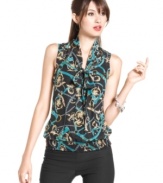 Polished and totally dynamic, BCX's scarf-print top adds graphic energy to any outfit. The tie-style neckline is a chic and feminine touch.