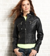 Love the shrunken, moto design of Jou Jou's faux-leather biker jacket! Industrial-cool zippers and an attached hood bring street-chic edge to this must-have layer.