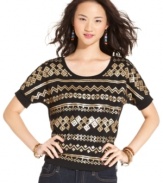 Metallic sequins form a chic tribal design and deliver gilded cool to this short sleeve top from Belle Du Jour!
