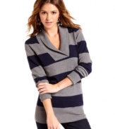 Sweater love: get cozy in this striped, shawl collar sweater of classic design! From Pink Rose.