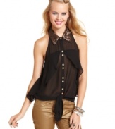 Get spiffy for the holidays in XOXO's sequin-collar tie-front top! Panels of fluttery chiffon add dimension to this festive piece.