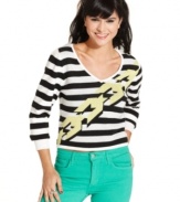 A houndstooth print with 3-D effect makes Material Girl's three-quarter sleeve striped sweater bold to the bone!