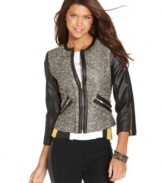 With its textured tweed fabric and tailored construction, this lightweight jacket from XOXO will have you looking sharp from day to night! Faux-leather sleeves and exposed zipper details add serious edge!