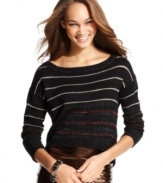 Gleaming metallic stripes bring festive spirit to NYC Knitwear's super-cute high-low sweater.