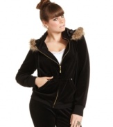 Faux fur trim gives this plus size velour hoodie from Baby Phat an ultra-luxe look.