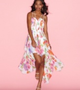 Floral print adds garden party allure to wispy chiffon on this dress from Roberta that raises the bar on fun, elegant style!