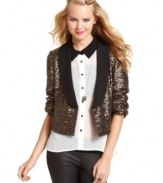 Glazed in metallic sequins, XOXO's three-quarter sleeve tuxedo blazer is all about high-end party style!