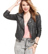 This cropped lace moto jacket from Material Girl features a metallic sheen and a ton of attitude.