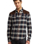 THE LOOKPlaid designPoint collarSuede-like geometric panels at shoulders, placket and sleevesButton frontDual button flap pocketsShirttail hemTHE MATERIALCottonCARE & ORIGINMachine washImportedThis item was originally available for purchase at Saks Fifth Avenue OFF 5TH stores. 