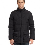 THE LOOKStand collar with zip-out hoodZip frontZip slash pockets at chestDouble-entry patch pockets at waistKnit storm cuffsTHE FITAbout 27 from shoulder to hemTHE MATERIALShell: nylonFill: 80/20 duck downFully linedCARE & ORIGINDry clean Imported