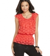 Ruffles and lace create a flirty union on this top from BCX that indulges your girlish side!