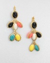 A colorful design with cabochon links surrounded in a rope setting. Plastic stonesGoldtoneDrop, about 2.5Lever backImported 