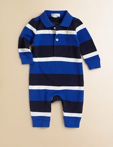 Classic stripes and Ralph Lauren's signature pony lend a preppy aesthetic to a soft cotton coverall.Polo collarLong sleevesButton-frontBottom snapsCottonMachine washImported Please note: Number of buttons/snaps may vary depending on size ordered. 