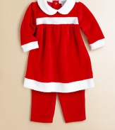 Your little Ms. Claus is a present all her own in this festive, plush velour and sherpa-trimmed dress and pants set.Peter Pan collarLong sleeves with sherpa cuffsBack snapsHigh-waistedSherpa hemElastic waistband80% cotton/20% polyesterMachine washImported Please note: Number of snaps may vary depending on size ordered. 