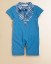Soft jersey, smartly trimmed with a bib and collar of woven checks.Woven check spread collarShort sleevesWoven check bib with button placketSnap legsCottonMachine washImported Please note: Number of buttons and snaps may vary depending on size ordered. 