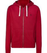 Casual hooded zip-up jacket in red cotton blend - Classically sporty slim cut, with long sleeves, zip closure and pouch pockets on either side - Drawstring hood - Embroidered Polo logo at chest - A great basic ideal for leisure and sports - Versatile, relaxed style compliments all casual looks, including jeans, chinos and workout gear
