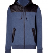Super stylish indigo and black zip hoodie with leather trim from Marc by Marc Jacobs - This luxe hoodie adds an urbane accent to your casual wardrobe - Black cotton with leather and piping - Front zip closure and zipper welt pockets - Wear with straight leg jeans, a t-shirt, and boots