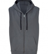 Infuse your casual basics with sporty edge with this zip up hoodie - Front zip closure, sleeveless, hood with drawstring, split kangaroo pockets - Style with straight leg jeans, a long sleeve henley, and trainers