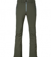 Stay stylish from the lodge to the slopes in these ultra-luxe ski pants from Jet Set - Zip fly, zippered side pockets, adjustable belt, flared zippered ankles, elasticized band at the ankle with silicon for hold - Slim, flared silhouette - Style with a cashmere pullover, weather boots, and a sleek parka
