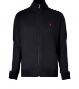 Work out without compromising on style in Ralph Laurens super soft fleece zip-up sweatshirt - Stand-up collar, long sleeves with white side stripes, zippered front slit pockets, fine ribbed trim and paneling under arms, embroidered red polo player chest - Modern slim fit - Wear with your favorite sweatpants and bright sneakers