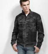The traditional camouflage french rib jacket is updated in a black and grey colorway and adorned with multiple functional pockets, only from INC.