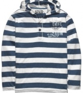 With a striped henley style, this hoodie from DKNY Jeans combines the best of two cool casual looks.