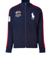 For a modern riff on a venerable classic, try Ralph Laurens big logo zip up jacket - Ultra soft, sueded navy fleece with decorative red and white stripes at sleeve - Slim, straight cut - Small stand up collar and full zipper - Oversize polo pony logo at chest, numbered sleeve and XL numbered team graphic at back - Casually cool, ideal for everyday leisure - Pair with jeans, chinos or shorts