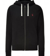 Sporty separates are casual wardrobe essentials, and this Polo Ralph Lauren black cotton fleece zip up has enduring appeal - Slim, straight cut - Classic hoodie style, with drawstrings, kangaroo pockets and full zipper - Banded waist and cuffs - Embroidered polo pony logo at chest - Easy and indispensable, perfect for pairing with jeans, chinos, shorts or sweatpants