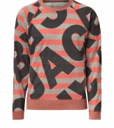 Logo-detailed and ultra-cool, this bold sweatshirt from Marc by Marc Jacobs adds a stylish jolt to your casual look - Crew neck, long raglan sleeves, allover logo and stripe print, banded hem, slim fit - Wear with sport pants, jeans, or shorts