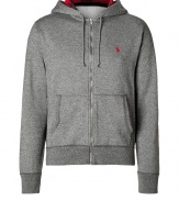 Upgrade your rugged casual look with Polo Ralph Laurens super soft fleece hoodie, detailed with contrast plaid hood lining for a contemporary-cool finish - Zippered front, split kangaroo pockets, fine ribbed trim - Slim sporty fit - The perfect partner for casual days