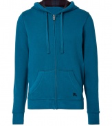 Work a luxe note into your laid back look with Burberry Brits tonal check lined hoodie - Drawstring hood with tonal tie, long sleeves, fitted cuffs, front zip, split kangaroo pockets - Modern slim fit - Wear with jeans and tees, or with sport trousers and favorite sneakers