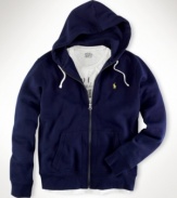 Classic-fitting full-zip hoodie in soft-washed cotton fleece is smooth on one side with a soft, fuzzy interior.