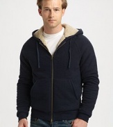 The ultimate in winter warmth and style marries the easy comfort of a cozy, lined cotton knit hoodie.Two-way zip frontAttached drawstring hoodKangaroo pocketsLining: polyesterCottonMachine washImportedAdditional Information Men's Shirts & Sweaters Size Guide 