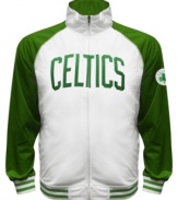 The Most Valuable Fan wears this baseball style running jacket featuring the Boston Celtics by Majestic.