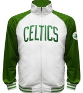 The Most Valuable Fan wears this baseball style running jacket featuring the Boston Celtics by Majestic.