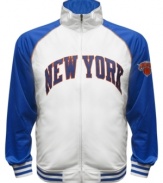 The Most Valuable Fan wears this baseball style running jacket featuring the New York Knics by Majestic.