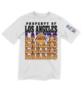 Take the shot! Amp up your sports style by displaying pride in your Los Angeles Lakers team with this t-shirt from adidas.