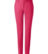 With a sleek tailored cut and radiant shade of fuchsia, Moschino C&Cs slim fit trousers are a chic way to dress up polished daytime looks - Side and buttoned back slit pockets, zip fly, tabbed button closure, belt loops - Slim tailored fit - Wear with a silk blouse, leather belt and heels