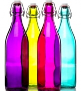 Refill and redecorate. Italian bottles boasting vibrant tinted glass and an easy-to-secure swing top are a brilliant solution for topping off drinks without leaving the table. Display in a kitchen window or shelf for a pop of color.