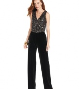 Ellen Tracy's jumpsuit combines sequins and velvet for a festive look - perfect for your next night out!