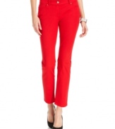 Alfani's skinny pants feature a chic ankle-length silhouette and a bright hue.