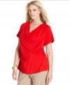 A draped neckline and gathered front lend chic appeal to Calvin Klein's short sleeve plus size top-- finish the look with your go-to casual bottoms.
