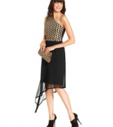 Sequined polka dots add high shine to this RACHEL Rachel Roy asymmetrical dress -- perfect for a stylish night out!