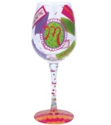 Confetti, streamers and words starting with your initial of choice make Lolita's hand-painted Love My Letter M wine glass a must for Molly, Madelyn and Max. With a signature drink recipe on its base.