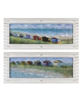 Fitting for a seaside cottage, these Northeast oil reproductions feature colorful homes with a hand-applied brushstroke finish. Distressed whitewash frames complete the enormous pair with quintessential beach style.