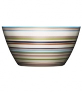 More than bold stripes and warm colors, the Origo bowl transitions from oven to table and into the dishwasher without a hitch. Combine with other Iittala dinnerware pieces to make any setting pop. Designed by Alfredo Haberli.