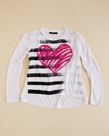 Is she ready to rock? This graffiti-inspired top refines a 80's punk rock style with a modern high/low hem and banded trim. Is she ready to rock? This graffiti-inspired top refines a 80's punk rock style with a modern high/low hem and banded trim.