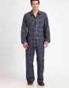 Two-piece set, shaped for hours and hours of comfort, in remarkably soft, breathable cotton. Flannel/brushed cotton. Machine wash. Imported.SHIRTButton frontChest, hip pocketsPANTTwo-button elastic waistInseam, about 31